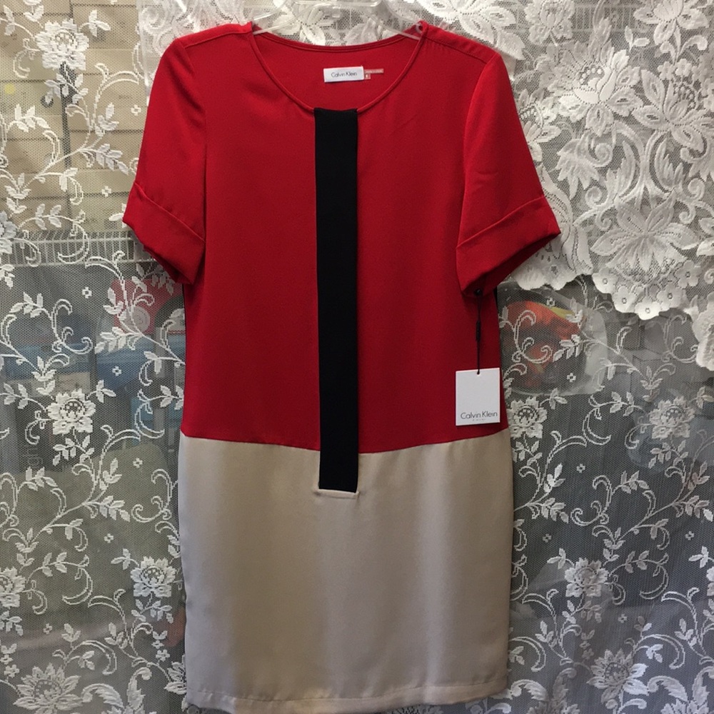 Calvin Klein color block red/tan dress size 6